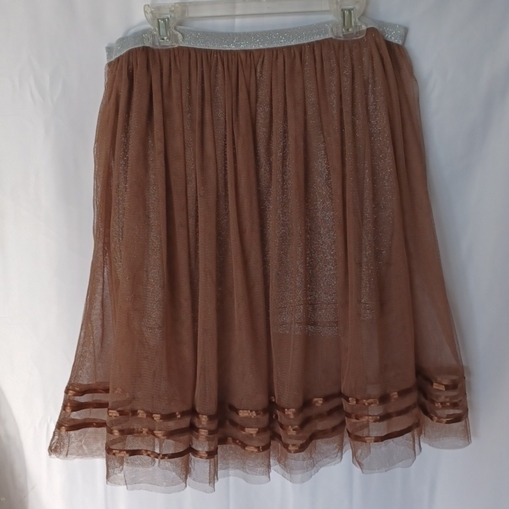 Double Zero, Size M, Brown mini skirt w elastic waist, 2 layers sheer fabric ovr